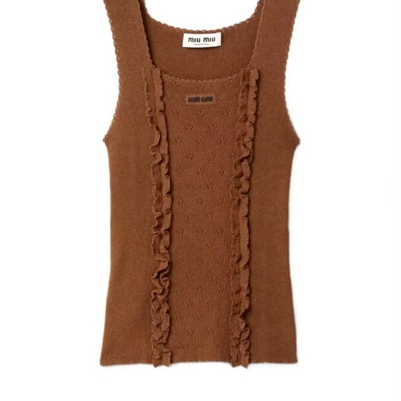 Miu Miu Tops - Miu Miu Chest-Ruffle Knit Tank in Warm Brown